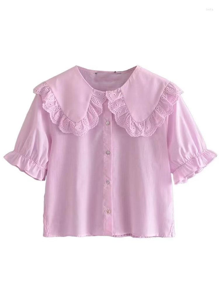 

Women's Blouses 2023 Spring/Summer Shirt Embroidered Collar Short Sleeve Lapel Single Breasted Pink Blouse Top