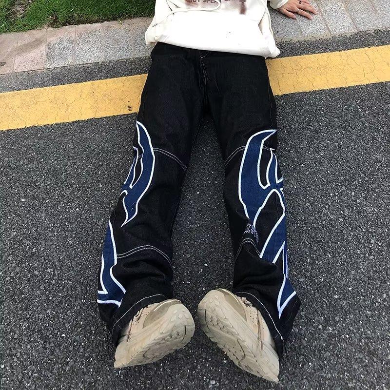 

Men's Jeans Y2K Embroidery Wide Leg Men Straight Washed Harajuku Hip Hop Loose Denim Trousers Streetwear 2023 Spring Casual Jean Pant, 985 black