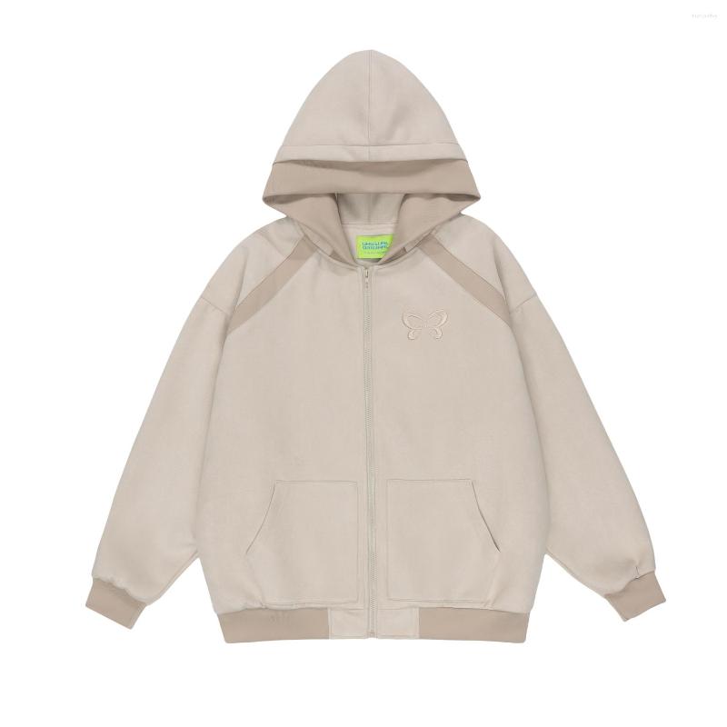 

Men's Jackets Women Vintage Logo Embroidery Hoodies Fashion Casual Zip Up Long Sleeve Loose Jacket Coats Men Hooded Sweatshirts Streetwear, Beige