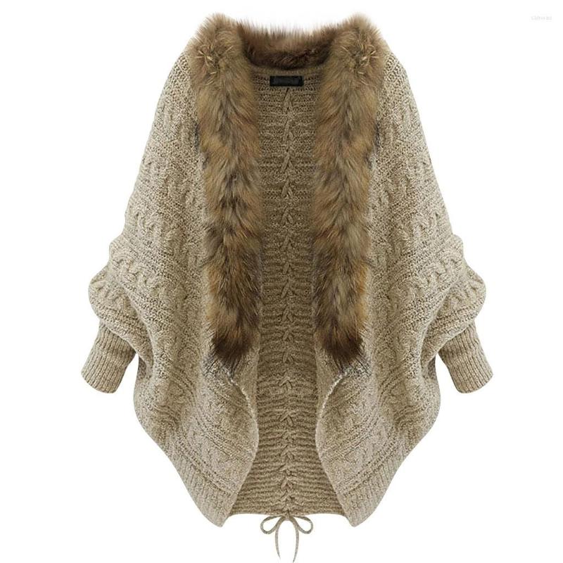 

Women's Jackets Women Winter Coat Knitwear Autumn Khaki Faux Fur Neck Knitted Cardigans Female Long Sleeves Loose Sweater Shirt#15