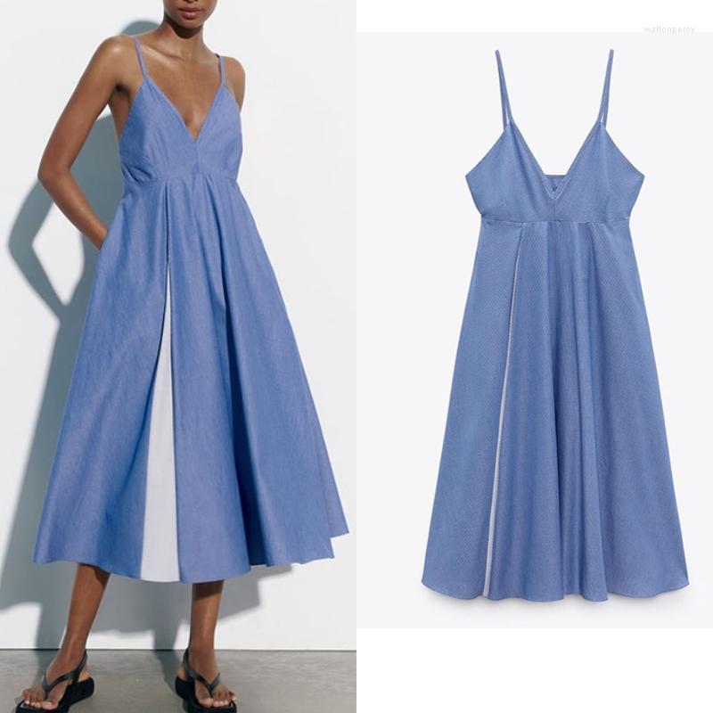 

Casual Dresses 2023 Women Dress Fashion Poplin Midi Strap Deep V Sleeveless Sexy Woman Lady Female