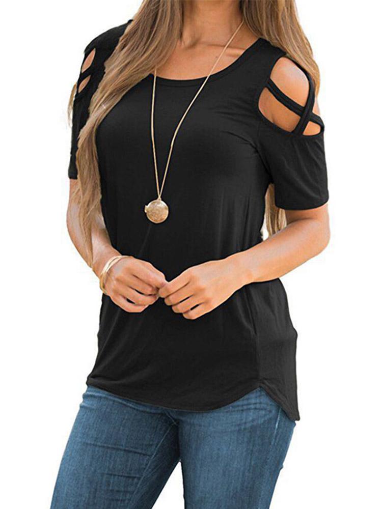 

T-Shirt Women Summer Autumn Long Short Sleeve Strappy Cold Shoulder TShirt Tops t shirt Women Short Oneck Top Tees Feminina Camiseta, Black