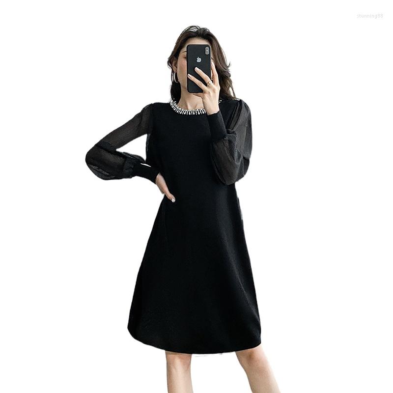 

Casual Dresses Spring Autmn Long Sleeve Women Dress Beading O-neck Mesh Stitching Elegant Knitted T8512, No1