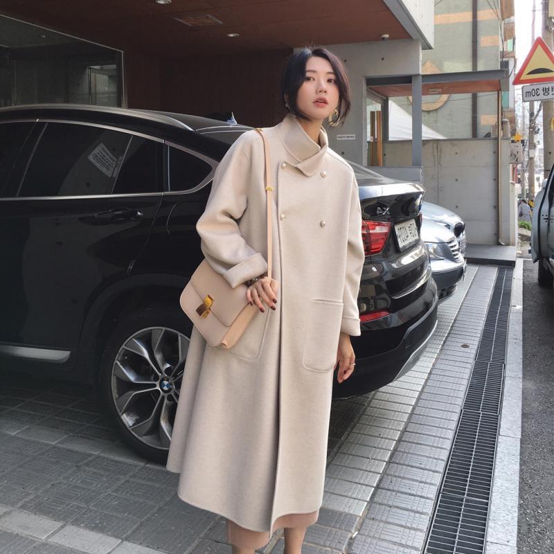 

Women's Wool & Blends Blend Coat Women Long Sleeve Collar Outwear Jacket Korean Casual Autumn Winter Elegant Overcoat Woolen, Pink