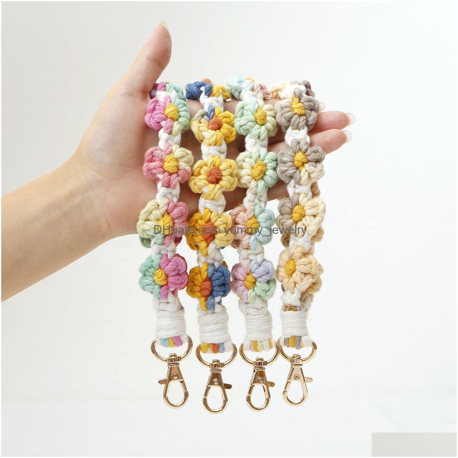 

Keychains Lanyards Soft Rame Flower Keychain Boho Handmade Wristlet Bracelet Country Style Wrist Lanyard Holder For Women Drop Del Dhdnf
