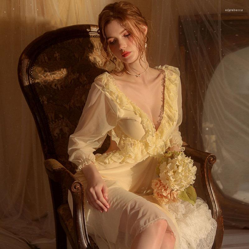 

Women's Sleepwear CRLAYDK Women V Neck Princess Nightgown Lace Chemise Sexy Backless Long Sleeve Sleep Dress Full Slip Mesh Babydoll, White