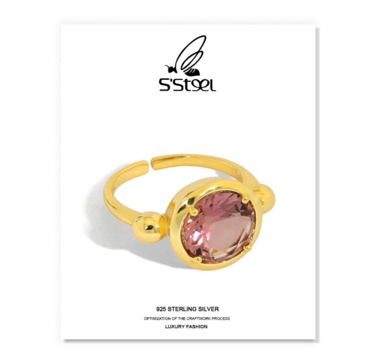 

S039STEEL Tourmaline Rings Gift For Women 925 Sterling Silver Luxury signer Gold Open Ring Anillos Plata 925 De Ley Jewellery1924588
