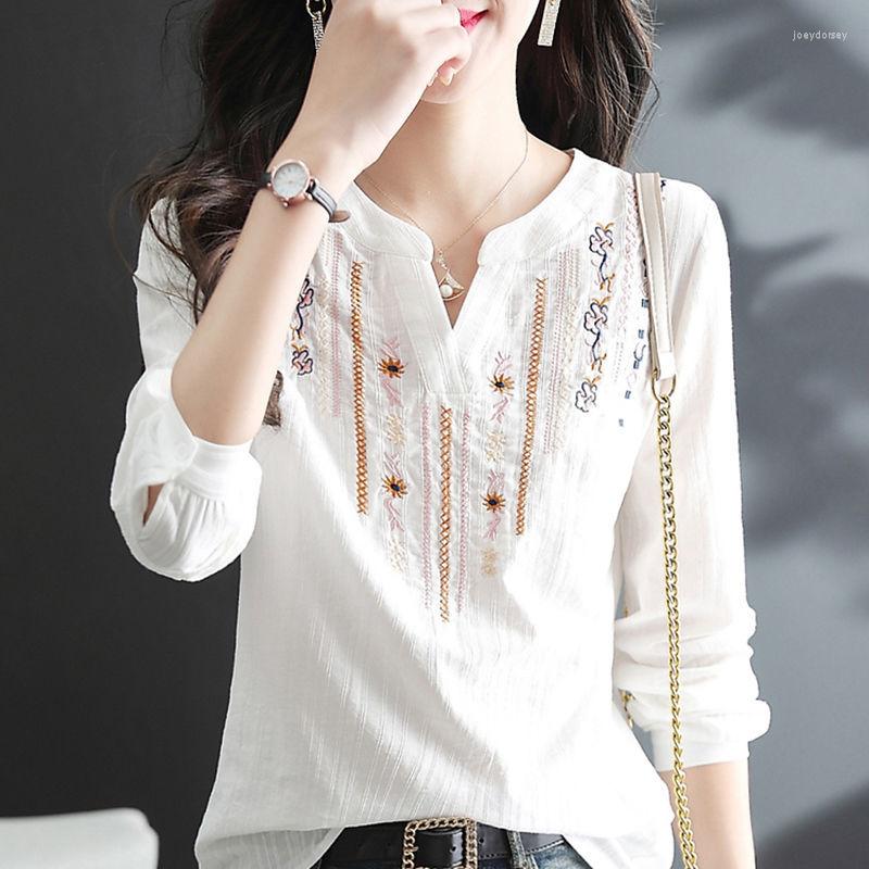 

Women' Polos Spring Autumn White Blouses Tops Lady Casual Embroidery V-Neck Long Sleeve Vintage Loose Blusas Ethnic Style Versatile, Picture color