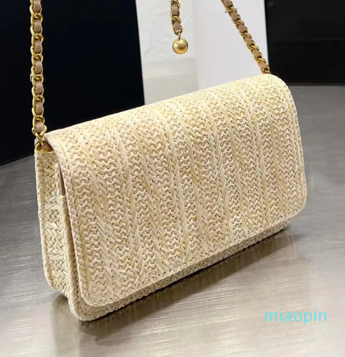 

Designer-Straw Crossbody Shoulder Bag Women Mini Linen Flap Handbags Lady Golden Ball Chain Strap Purse, Blue
