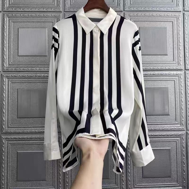 

Women' Blouses Printed Silk Shirt Women Spring 2023 Imitation Lapel Striped Satin Top Camisas Mujer, White