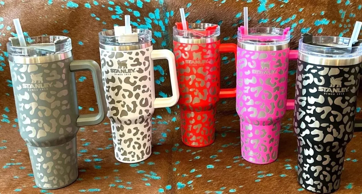 

stanley quencher 40oz tumbler leopard print with Logo handle lid straw beer mug water bottle powder coating outdoor camping Pink Blue cups, Multi-color