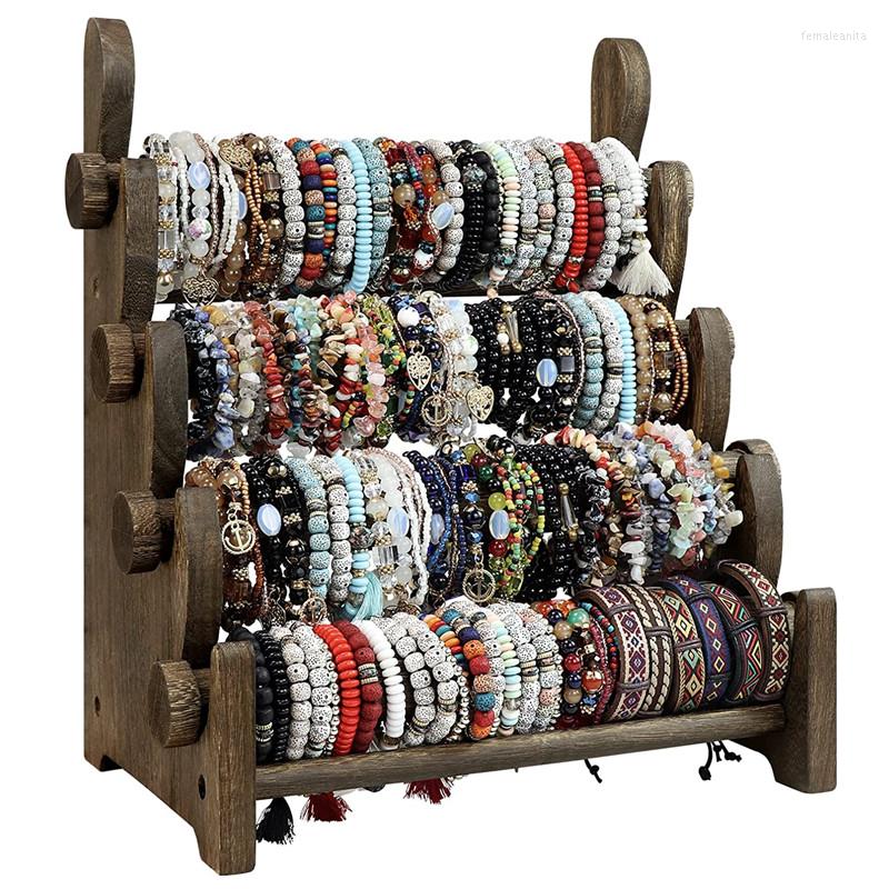 

Jewelry Pouches 4 Tier Wooden Bracelet Holder Bangle Watch Necklace Display Storage Rack Stand Organizer Brown