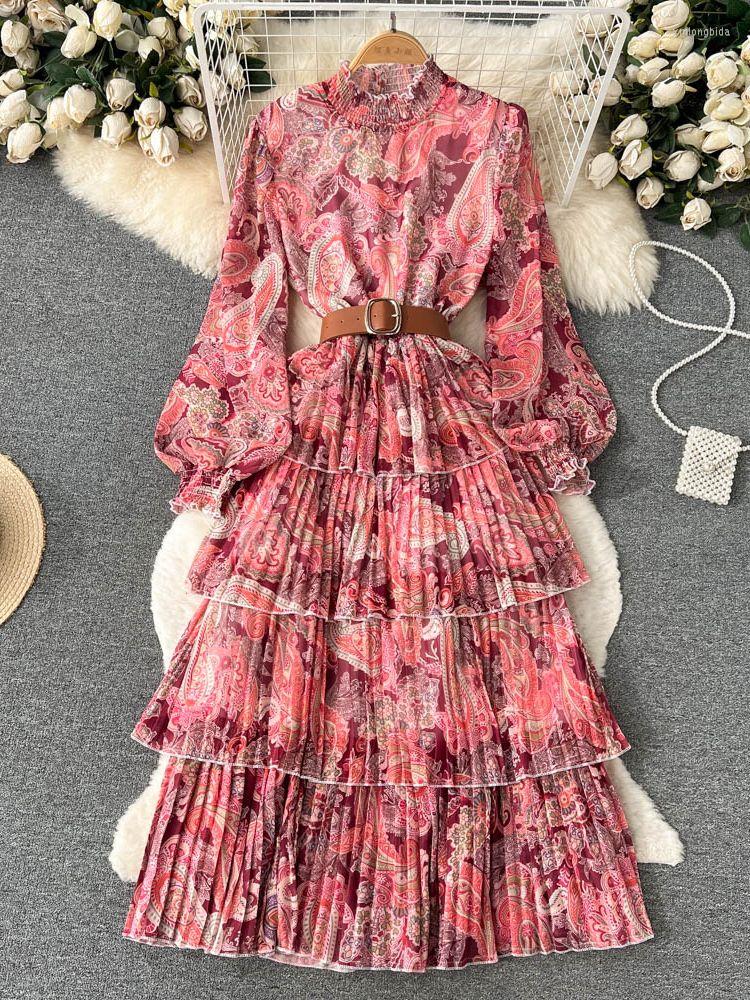 

Casual Dresses 2023 Summer Cascading Ruffles Layer Cake Pleated Dress Women's Stand Long Lantern Sleeve Flower Print Chiffon Belt Boho, Blue