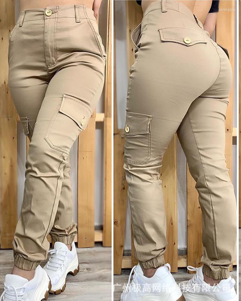 

Women's Pants Buttoned Pockets Design Solid Casual Women Spring Summer Fashion Ankle Length Trousers, Khaki
