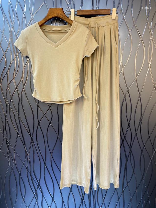 

Women' Two Piece Pants 2023 Women Fashion Suit V-neck Pleated Slim Short Top Wide Leg Trousers 2-piece Set 0504