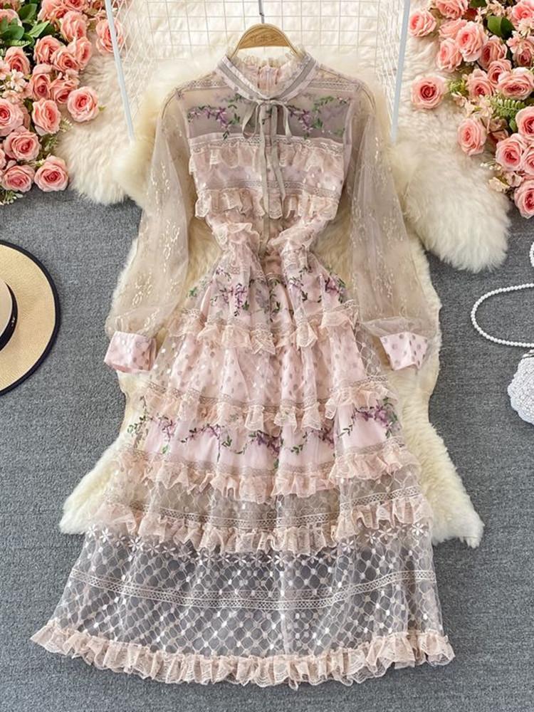 

Casual Dresses High Quality Sweet Girls Flower Embroidery Dress Women Gorgeous Foral Cascading Ruffles Lace Mesh Dot Stand Bow Party Vestido, Black