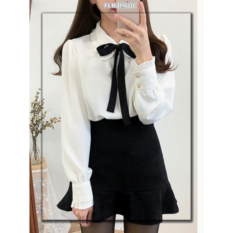 

Shirts Chiffon Blouses Shirts New Hot Sales Preppy Style Girls Bow Tie Tops Cute Sweet Korean Temperament Lady Peter Pan Collar Shirt, Black