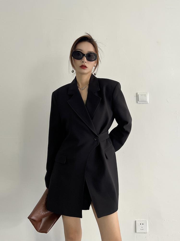 

Women' Suits Lnsozkdg Fashion Women Blazer Notched Collar Loose Single Button Lacing Strap Long Sleeve Black Suit Jackets Spring 2023 Top