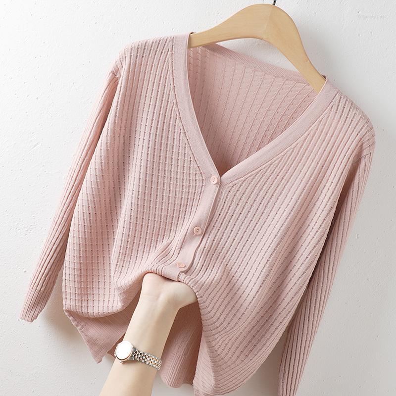 

Women's Knits Knitted Women Sweater Cardigan Summer 2023 Solid V-Neck Long-Sleeved Button Casual Elegant Lady Outwear Coats Tops, Black