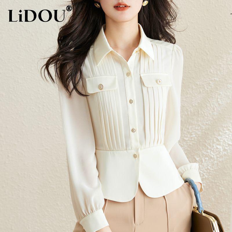 

Shirts Spring Autumn Lapel Elegant Fashion Single Breasted Waist Chiffon Shirt Top Women Long Sleeve Allmatch Button Cardigan Blouse, Black