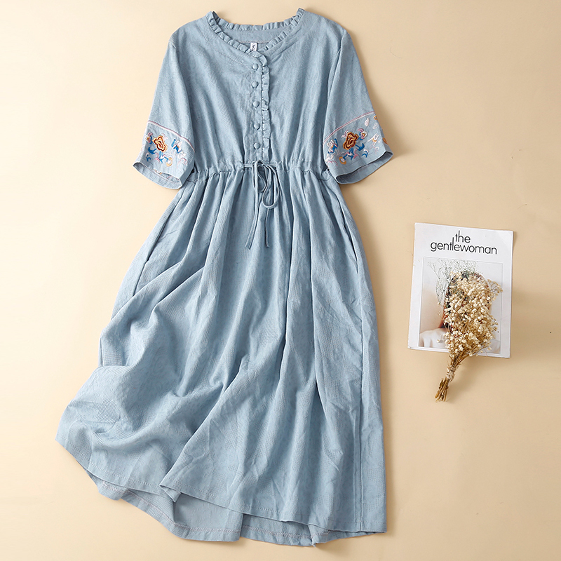 

Casual Dresses Linen and cotton dress ladies summer fashion embroidery loose drawstring straps midlength Mori ruffle casual 230512, Navy blue