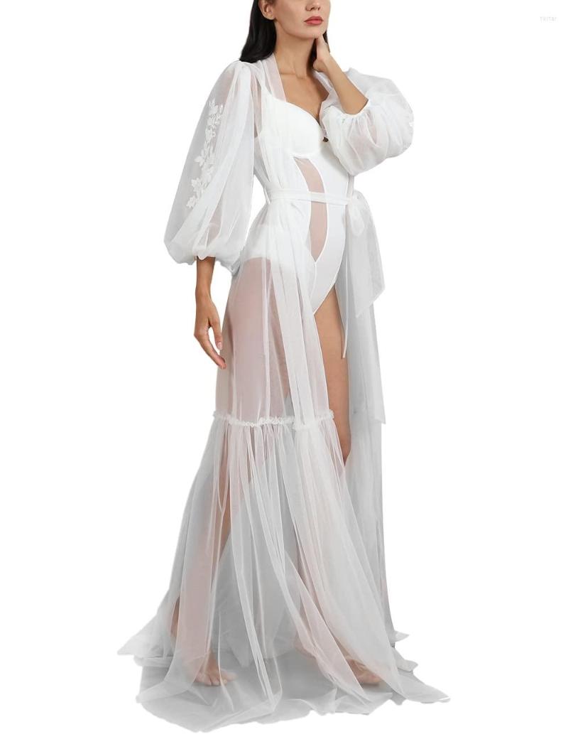 

Women's Sleepwear Women's Lace Long Robe Bridal Nightgown Sexy Sheer Boudoir Nightwear Sleeve Ladies Maxi Tulle Dress, White