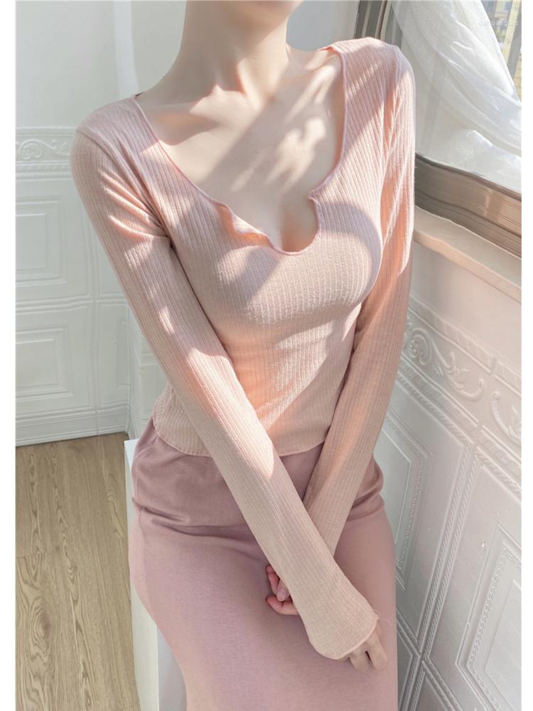 

Women' T Shirts Korean Girl Pink V-neck Autumn Winter Long Sleeved Slim Bottom T-shirt Top Women Fashion Hollow Out Skinny Tee Female JK1, Pink orange