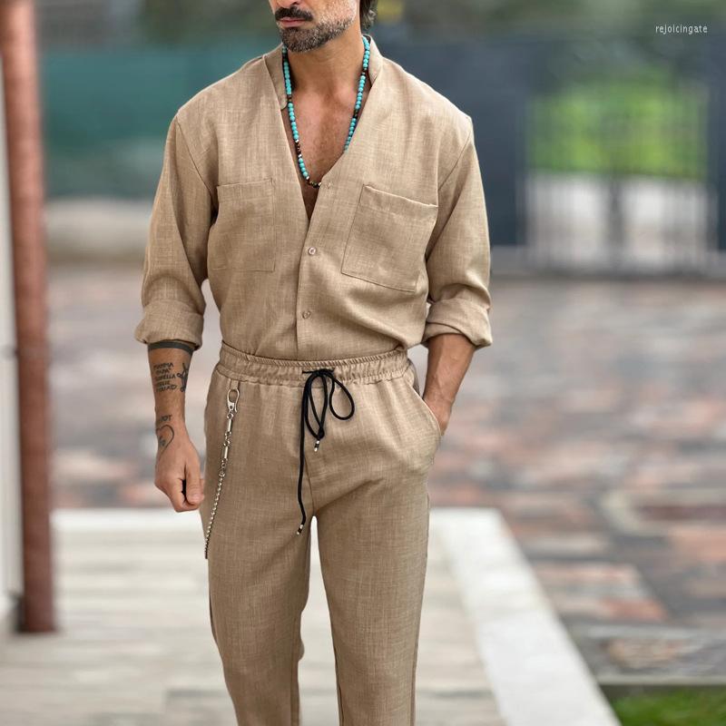 

Men's Tracksuits 2023 Spring Summer Cotton Linen Mens Two Piece Suit Long Sleeve Stand Collar Button Shirt Pants For Men Clothing Streetwear