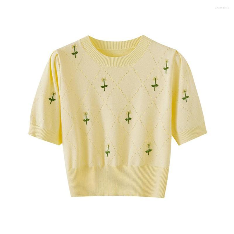 

Women's T Shirts Summer Hollow Knit T-shirt Women O-neck Flower Embroidery Bubble Sleeve Tops French Casual Fashion Short Pullover Shirt, Yellow