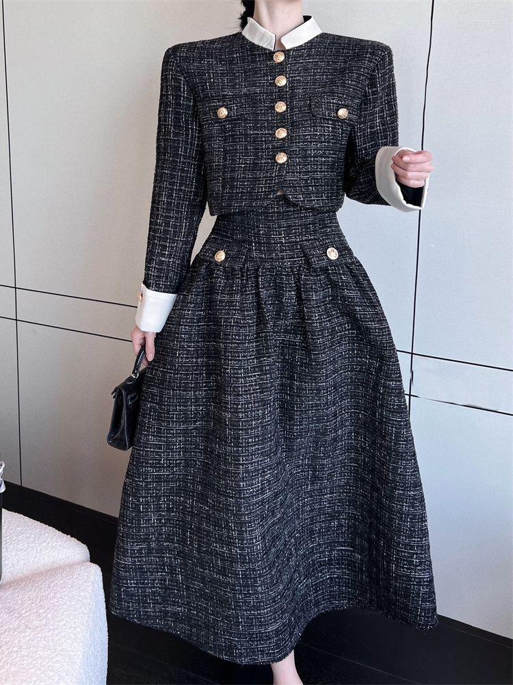 

Work Dresses High Quality Fall Winter Korean OL Tweed Two Piece Set Women Crop Top Woolen Jacket Coat A Line Long Skirts Chic Suits, Picture color