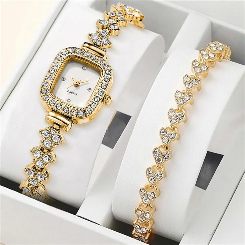 

Wristwatches 2piece Set Ladies Luxury Diamond Square Shell Face Quartz Watch Fashion Stainless Steel Bracelet Women's Clock Watches, Rose