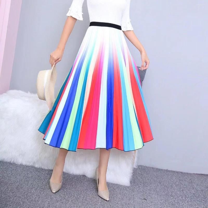

Skirts Spring Autumn Women's Gradient Rainbow Print Skirt Ladies Fashion High Waist Pleated Satin Midi Faldas Saias