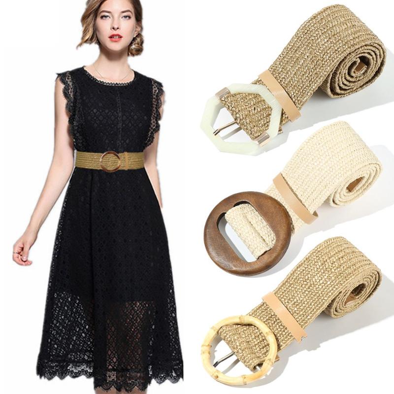 

Belts Women Straw Belt Casual Bohemian Wide Summer Braided Waistbelt Wooden Buckle Elastic Female Waist BeltBelts, Black