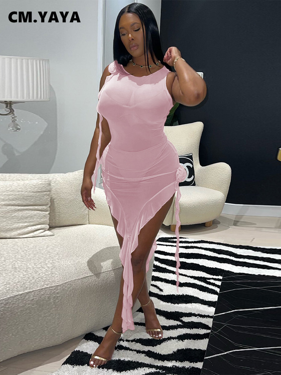 

Two Piece Dress CMYAYA Women Bikinis Set and Mesh Ruffles Floral Irregular Maxi Matching 3 Outfits Beach Summer Swimwear 230512, Apricot