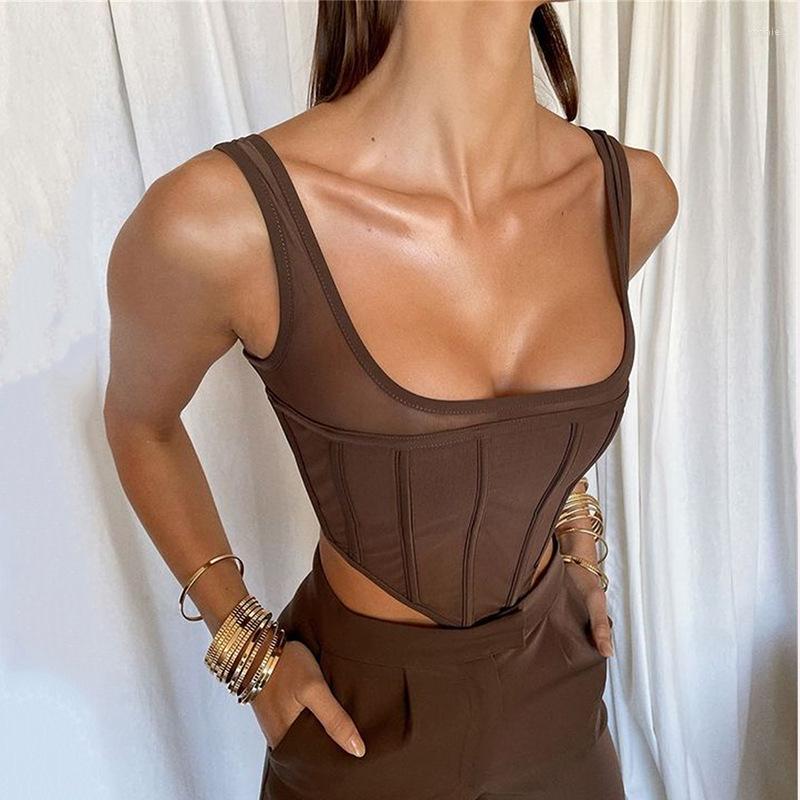 

Women' Tanks Sexy Black Corset Top Double Mesh See Through Sleeveless Bare Back Skinny Strap Tube Cropped Fashion Clothe Women Corsets, White