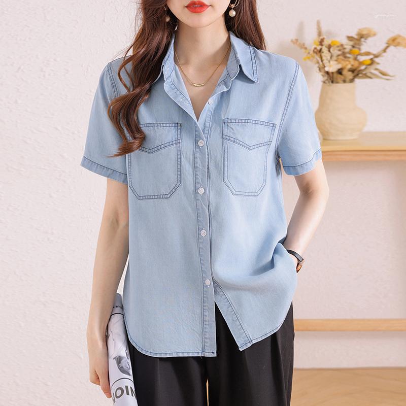 

Women' Blouses Women Vintage Denim Blouse Summer Short Sleeve Button Up Jean Shirts Ladies High Street Loose Elegant Tops, Blue