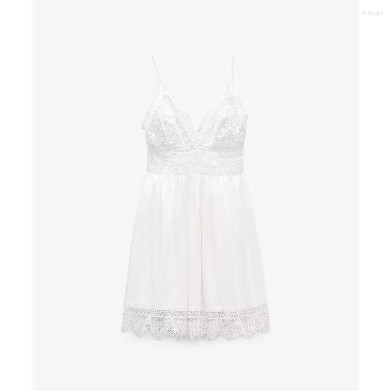 

Casual Dresses Summer Fashion Women's French Sweet White Lace Trim V-Neck Crochet Short Version Halter Mini Dress