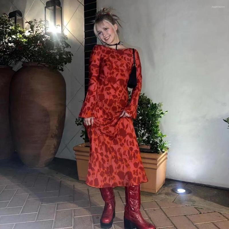 

Casual Dresses 2023 Silk Sexy Maxi Dress Rose Flower Print O-Neck Long Sleeve Women, Mini dress