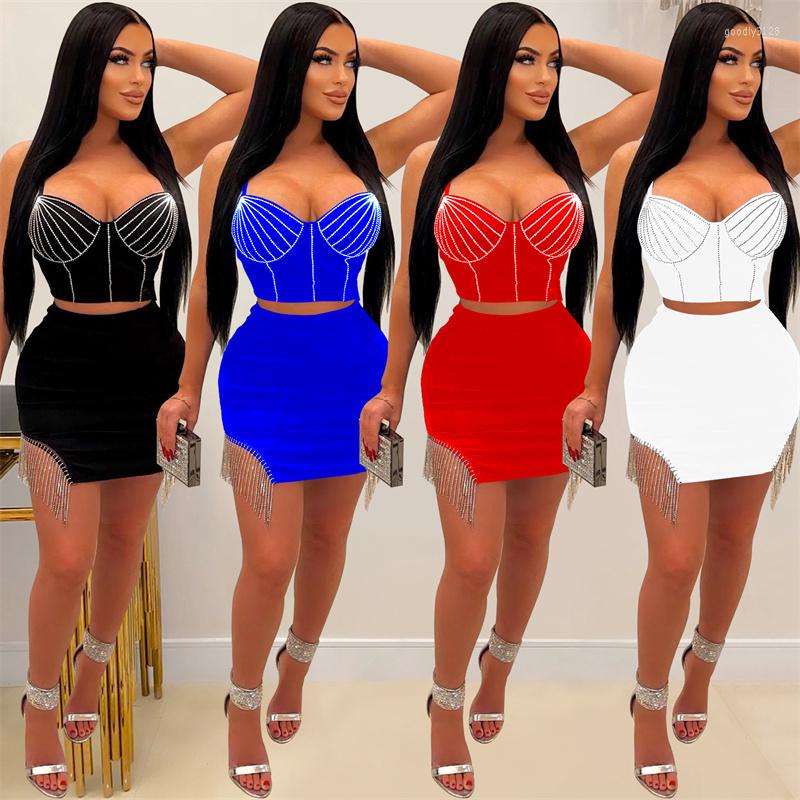 

Work Dresses Ladies Dinner Luxury Commuter Dress Set Summer Diamond Fringe Sling T-shirt With Elastic Waist Buttock-lifting Skirt, Black