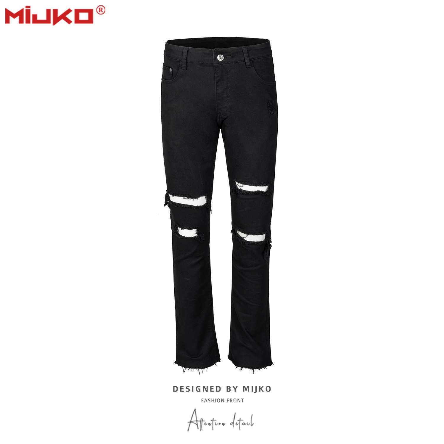 

MIJKO Men' and Women' New Street Cat Beard Trouser Leg Knife Cut Hole Long Pants Men' and Women' Same Style Micro Horn Jeans, Denim1079 white