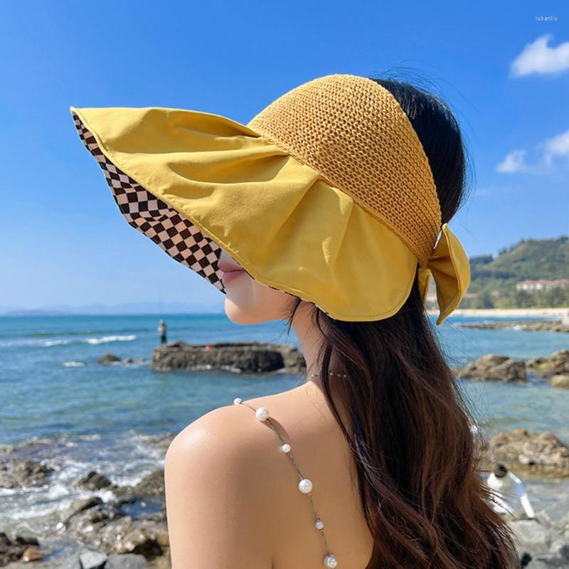 

Wide Brim Hats Women Sunhat Bow-knot Soft Fine Workmanship Lightweight Comfortable Anti-UV Polyester Empty Top Sun Hat Summer Accessories, Black