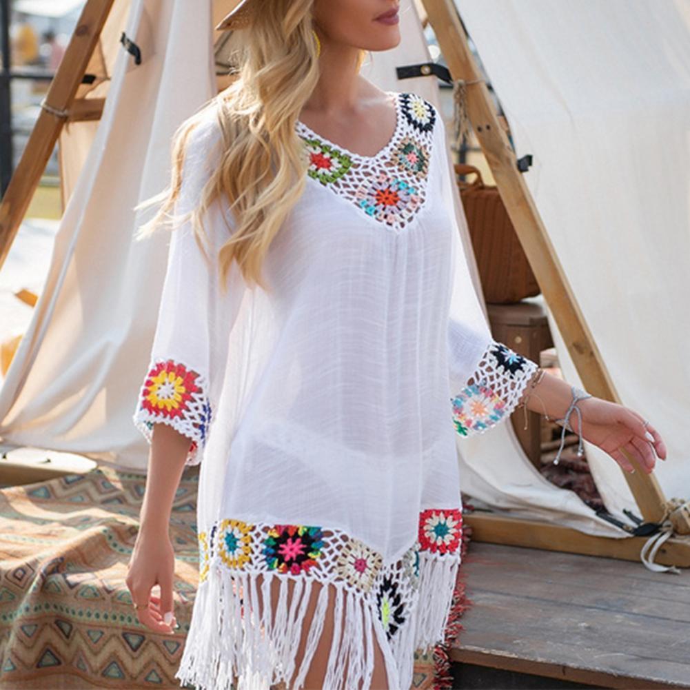 

Swimwear Bikini Cover Up Hollow Out Crochet Patchwork Summer Loosefitting Sun Protection Swimwear Tunic for Beach, Black