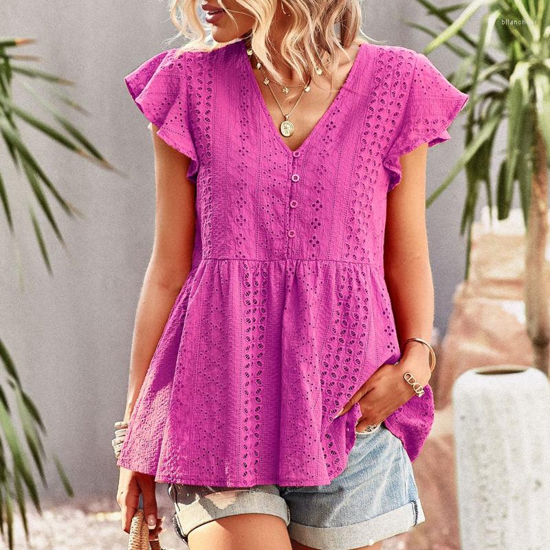 

Women' Blouses Vintage Hollow Out Lace Summer Shirt Women V-neck Solid Elegant Fashion Blusas Slim Flying Sleeve Tops Mujer 26458, Black