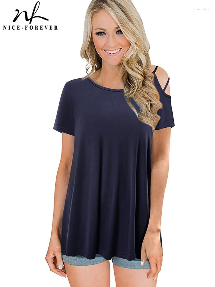 

Women's T Shirts Nice-forever Summer Women Fashion Cold Shoulder Plain T-shirts Casual Tees Tops 1btyT051, Gray