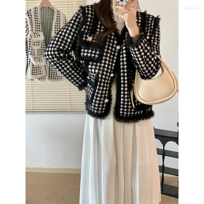

Women's Knits Korean Fashion Women Luxury Jacket Autumn Winter Houndstooth Imitation Mink Velvet Loose Knit Cardigan Coat Clothes, Black