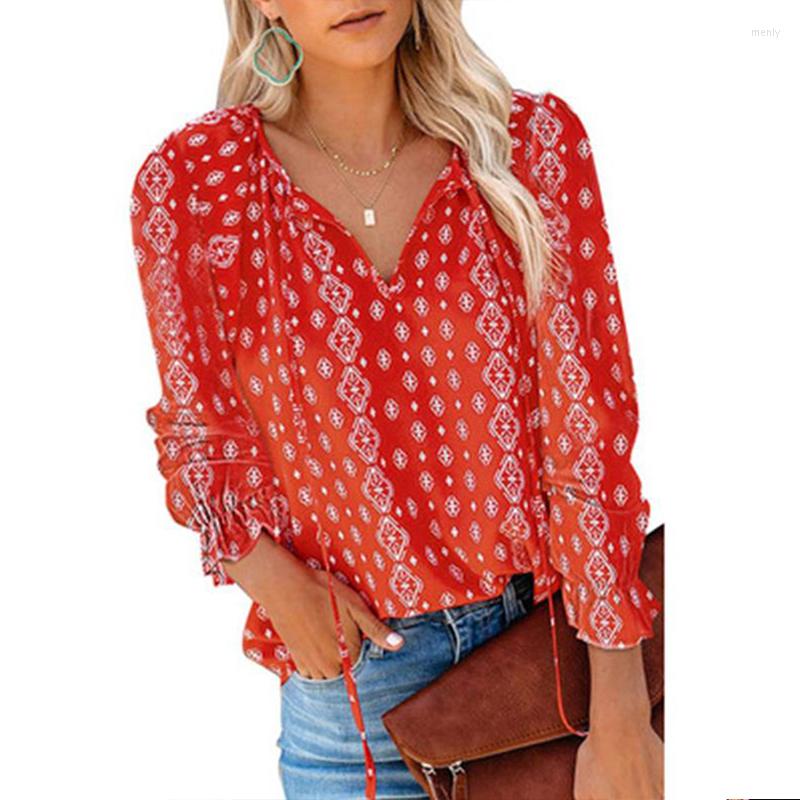

Women' T Shirts Chic V-neck Chiffon Blouse Red Ladies Elegant Casual Loose Summer Print Female Clothing Fashion Drawstring Long Sleeve, Gray