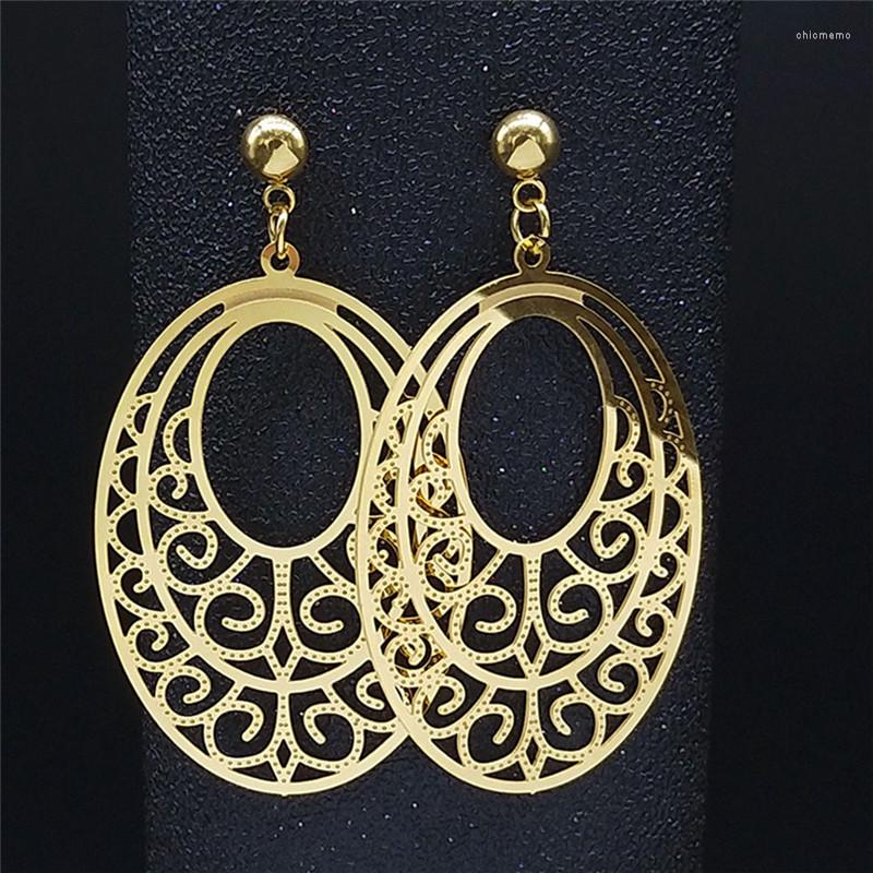 

Stud Earrings Stainless Steel Bohemia Flower Of Life Women Gold Color Oval Boho Big Jewelry Boucle D Oreille E9314S04