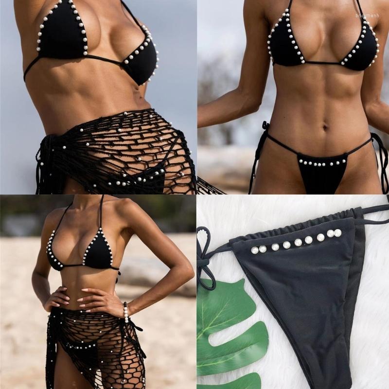 

Women's Swimwear Summer Halter Bikini Set Backless Pearls Two Pieces Swimsuit Beachwear Tie Side Bathing Suits For Women Female