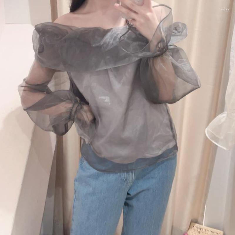 

Women's Blouses WAKUTA Flare Sleeves Slash Neck Camisas De Mujer 2023 Summer Fairy Perspective Fashion Blouse Japanese Gauze Sweet Womens, Dark grey