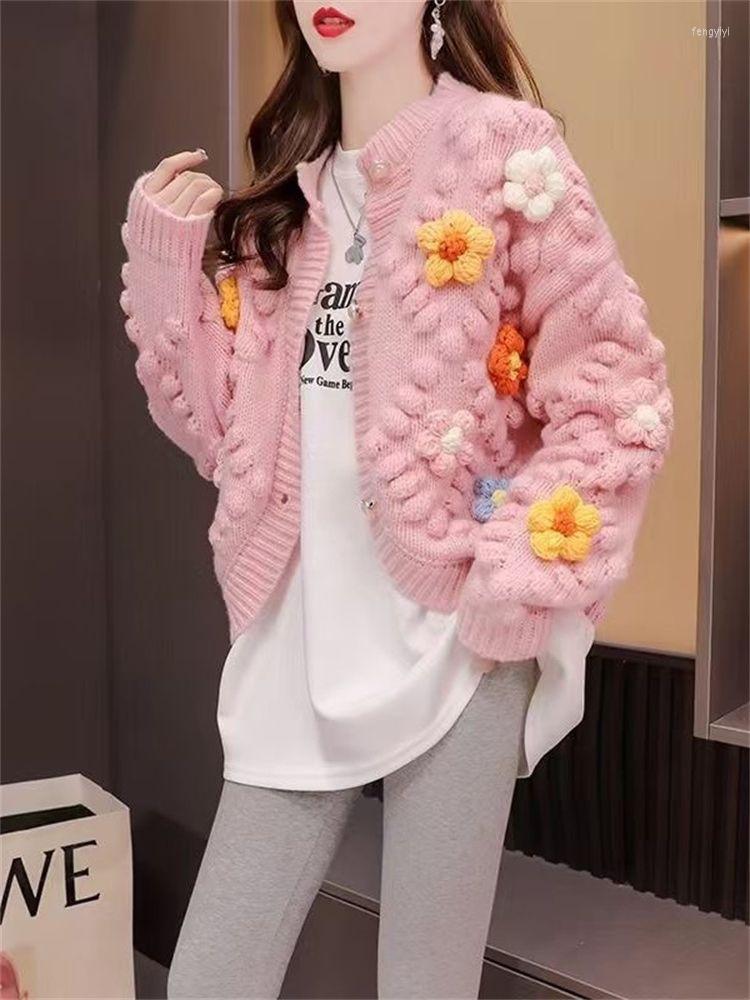 

Women's Knits Hsa 2023 Sweater Women Cardigan Handmake Irregular Floral Chic Tops Pearl Button Knitted Casual Fall Winter Sweet Clothes, Hfn22233 pink